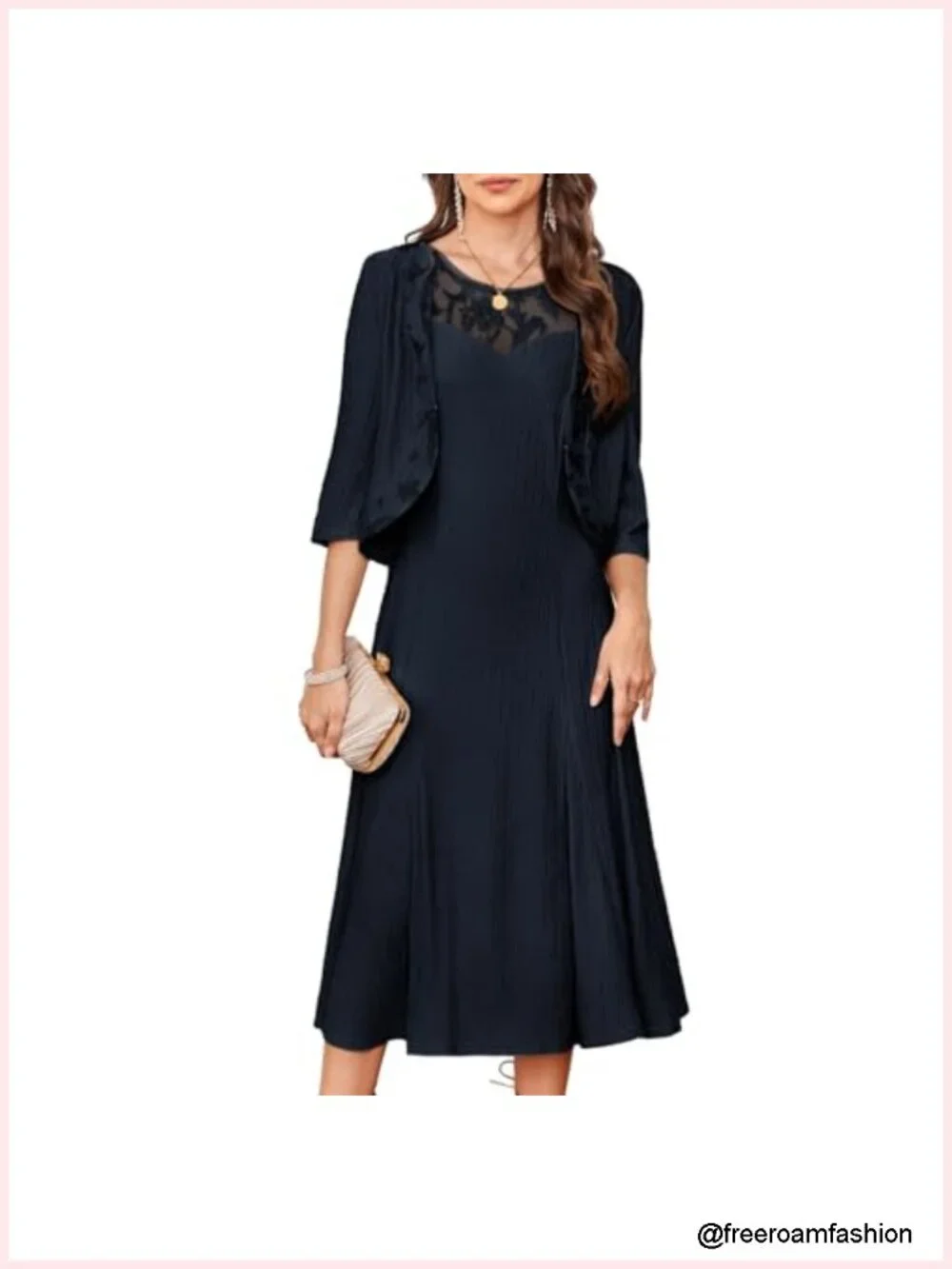 Two-Piece Lace Sequins Midi Dress with Jacket for Wedding Guest Formal Evening